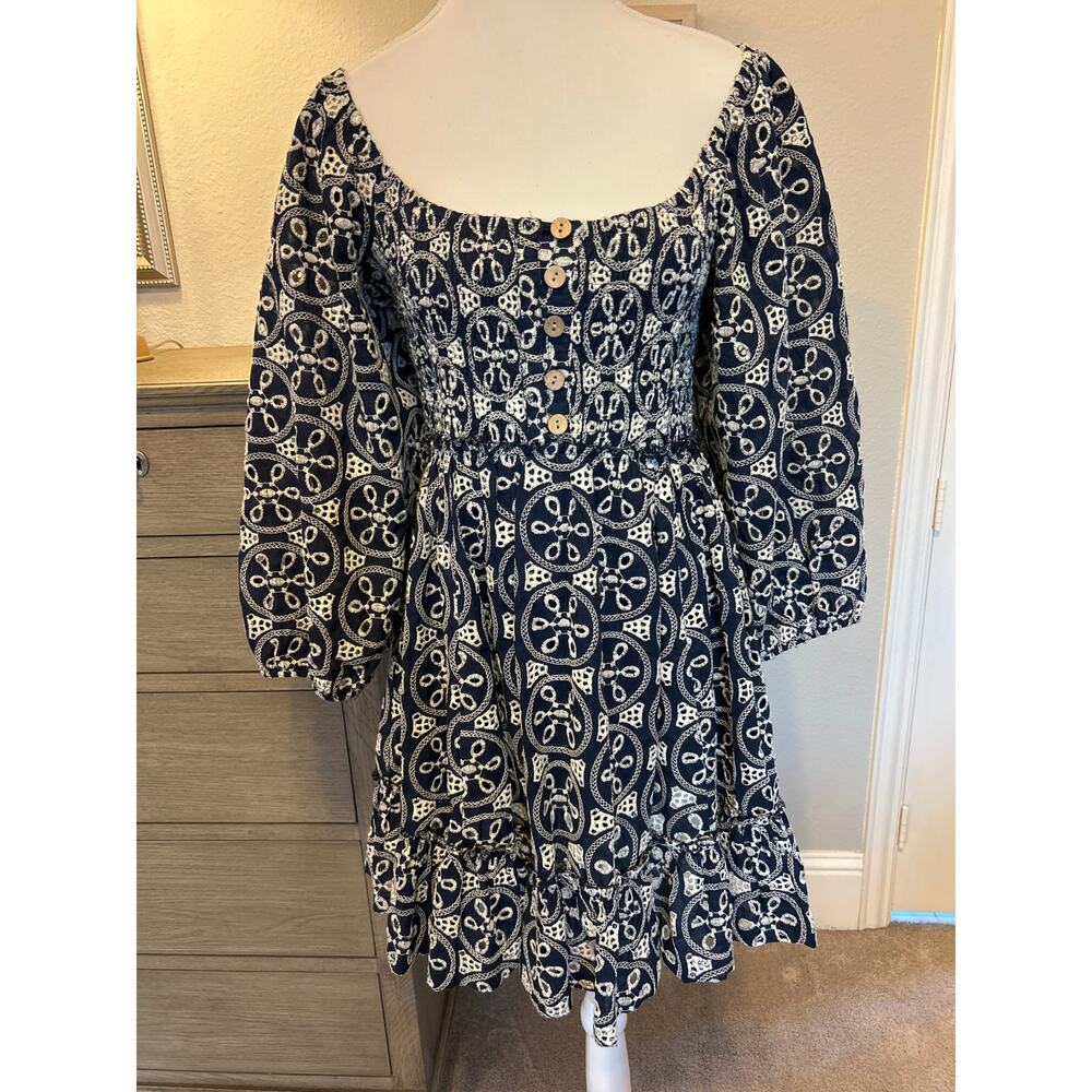 Lucca | 100% Cotton Navy/White Eyelit Babydoll Back Cutout Half Sleeve Dress | M - Picture 3 of 15